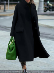 Buttoned Pockets Solid Color Split-Joint Long Sleeves Loose Stand Collar Woolen Coat