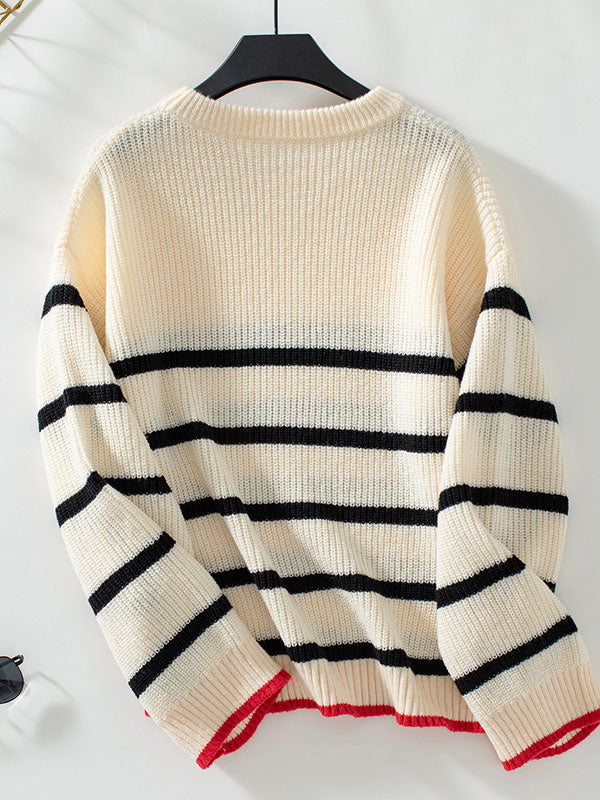 Contrast Color Split-Joint Striped Long Sleeves Loose Round-Neck Sweater Tops Pullovers