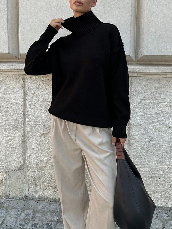 Solid Color Split-Joint Long Sleeves Loose High Neck Sweater Tops Pullovers