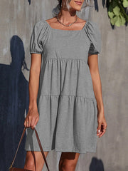 Elasticity Pleated Solid Color Split-Joint A-Line Loose Square-Neck Mini Dresses