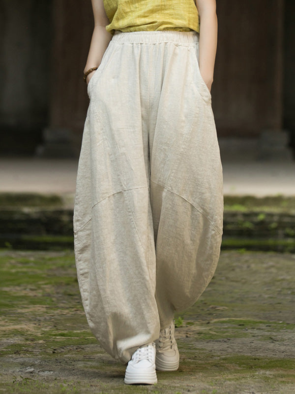 Elasticity Pockets Solid Color Split-Joint Loose Pants Cropped Trousers