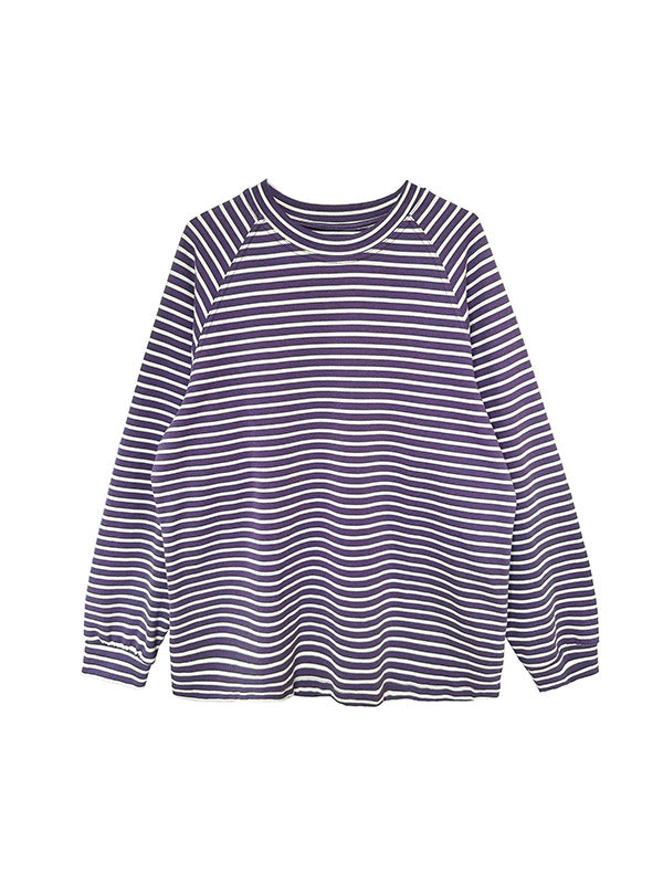 Contrast Color Striped Long Sleeves Loose Round-neck Sweatshirt Tops