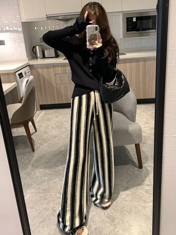 Casual Wide Leg Loose Drawstring Striped Pants