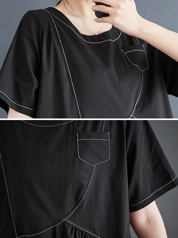 Asymmetric Pleated Pockets Solid Color Split-Joint A-line Loose Round-neck Midi Dresses