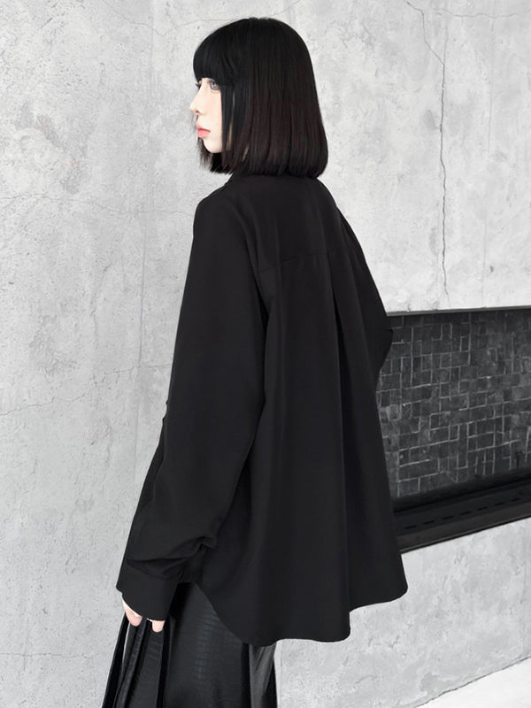 Buttoned Falbala Ruffled Solid Color Split-Joint Hipster Long Sleeves Lapel Blouses&shirts Tops