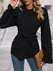 Elasticity Pleated Solid Color Tied Flared Sleeves Long Sleeves Round-neck Blouses&shirts Tops