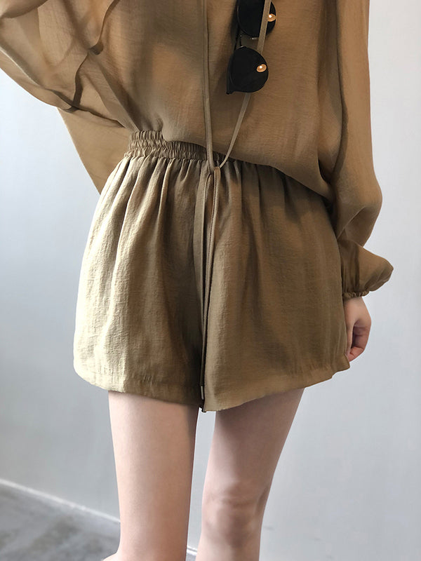 Split-Joint Solid Color  Sun Protection Tied V-neck Long Sleeves Top + Shorts Two Pieces Set