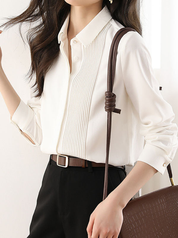Buttoned Pleated Solid Color Long Sleeves Loose Lapel Blouses&Shirts Tops