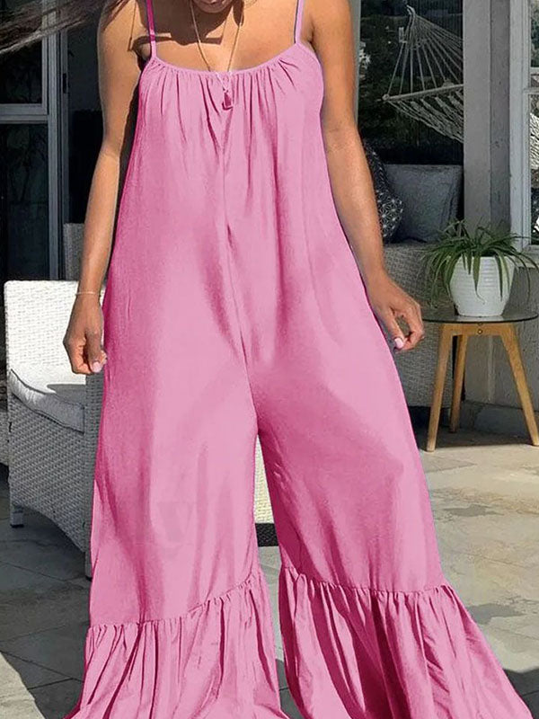 Pleated Pockets Solid Color Split-Joint Loose Sleeveless Spaghetti-Neck Jumpsuits