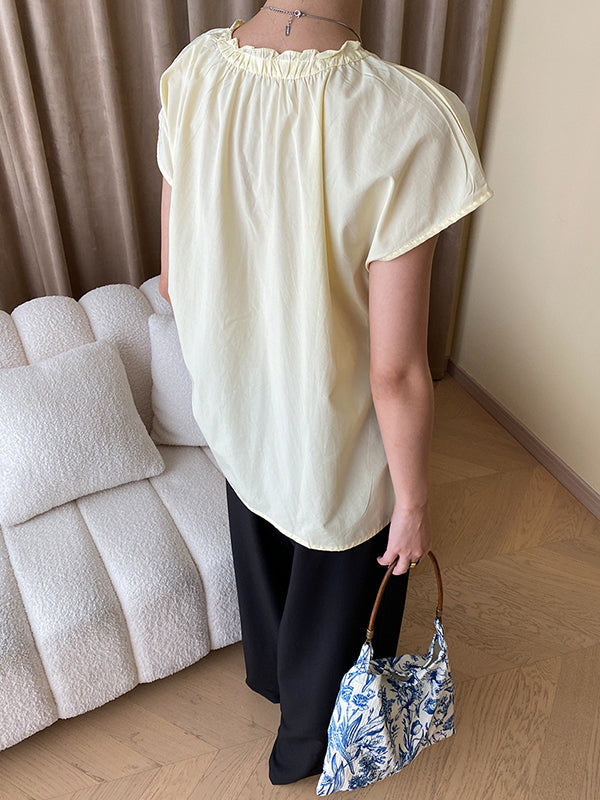 Elasticity Pleated Solid Color Split-Joint Flying Sleeves V-Neck Blouses&Shirts Tops