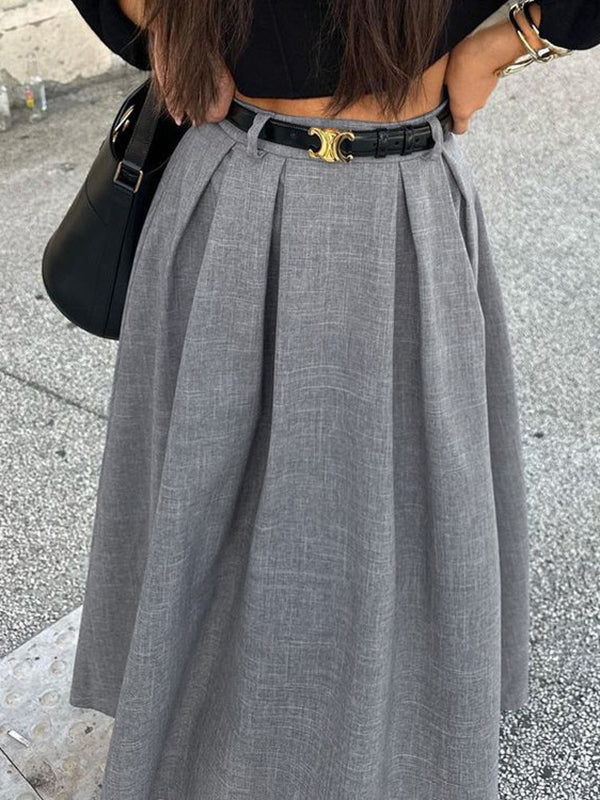 No Belt Pleated Solid Color A-Line High Waisted Skirts Bottoms