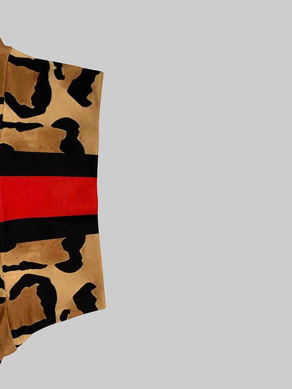 Long Sleeves Skinny Contrast Color Leopard High Neck T-Shirts Tops