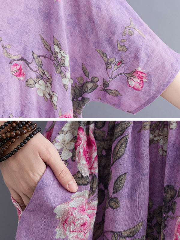 Artistic Retro Loose Pleated Printed Midi Dress