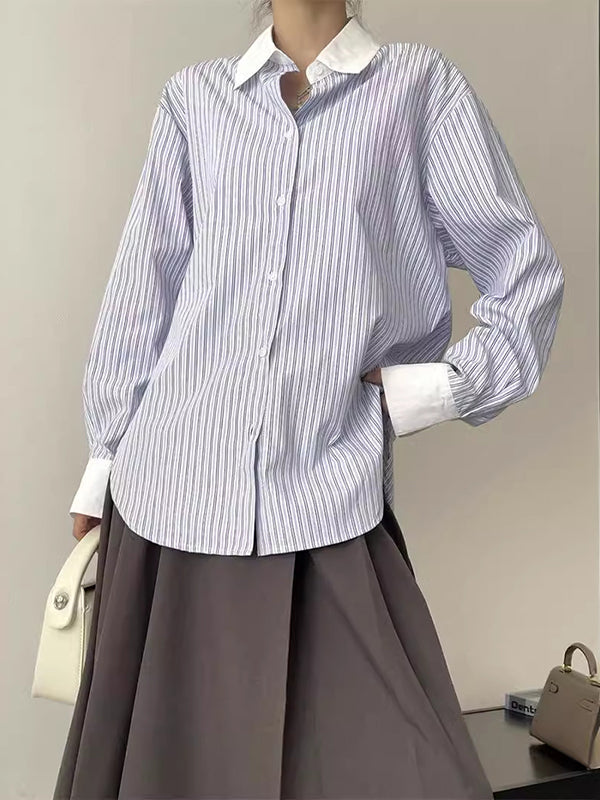 Pleated Split-Joint Striped Irregular Clipping Lapel Blouses