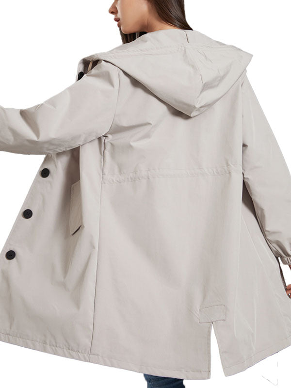 Buttoned Drawstring Elasticity Hooded Pockets Split-Back Waterproof Long Sleeves Loose High-Neck Trench Coats