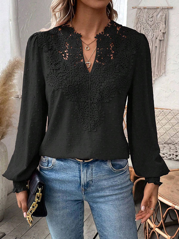 Elasticity Hollow Jacquard Solid Color Split-Joint Loose Puff Sleeves V-Neck Blouses&Shirts Tops