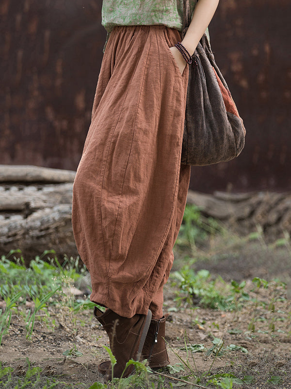 Elasticity Pleated Pockets Solid Color Split-Joint Bloomers Loose Casual Pants Bottoms