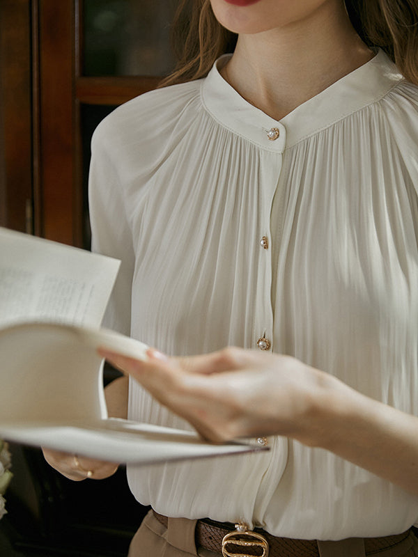 Buttoned Pleated Loose Puff Sleeves Round-neck Blouses&shirts Tops