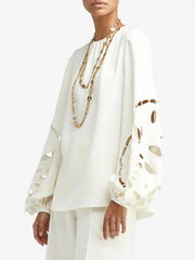 Loose Puff Sleeves Hollow Solid Color Round-neck Blouses&shirts Tops