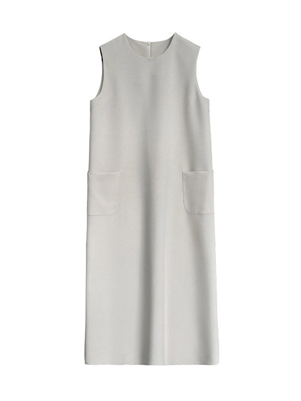 Pockets Solid Color Split-Back Zipper High Waisted Loose Round-Neck Midi Dresses