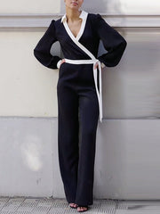Contrast Color Tied Long Sleeves Loose Deep V-Neck Jumpsuits