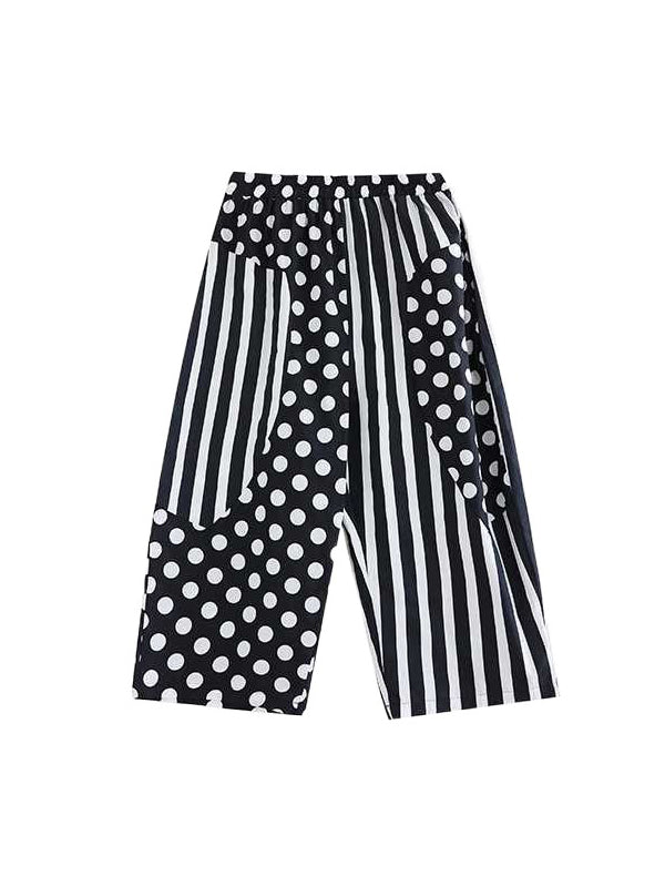 High-Low Asymmetric Half Sleeves Contrast Color Polka-Dot Split-Side Striped Lapel Blouses Top + Pants Bottom Two Pieces Set