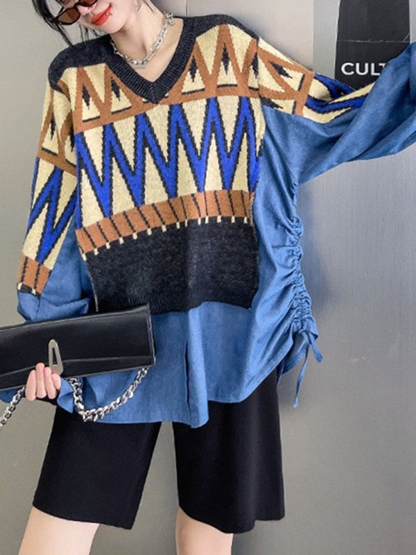 Drawstring Split-Joint False Two Long Sleeves V-Neck Sweater