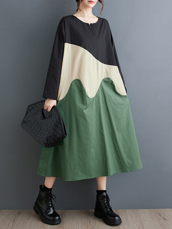 Asymmetric Contrast Color Split-Joint A-Line Long Sleeves Round-Neck Midi Dresses