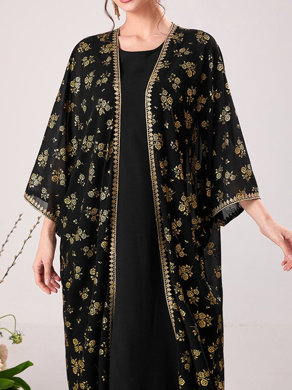 Muslim High Waisted Round-Neck Inner Dress + Gauze Batwing Sleeves Flower Print Outerwear Two Pieces Set