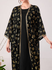 Muslim High Waisted Round-Neck Inner Dress + Gauze Batwing Sleeves Flower Print Outerwear Two Pieces Set