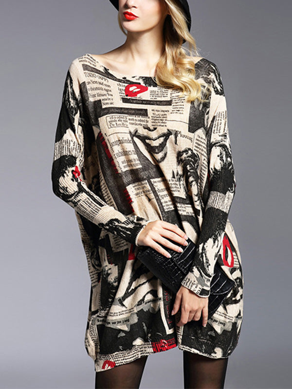 Letter Print Printed Long Sleeves Loose Round-Neck Sweater Tops Pullovers Knitwear
