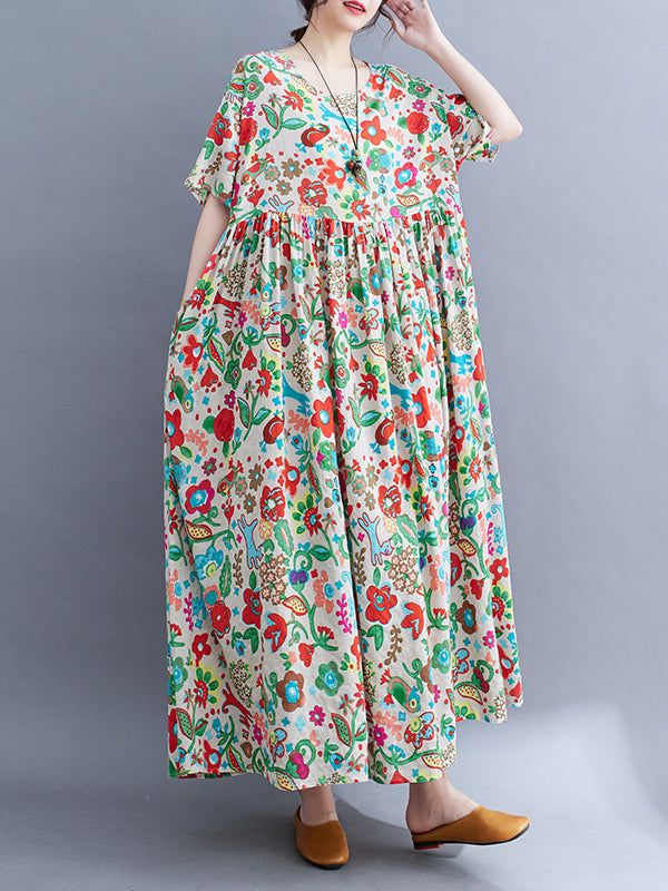 Pleated Printed Split-Joint Loose Short Sleeves Round-Neck Midi Dresses