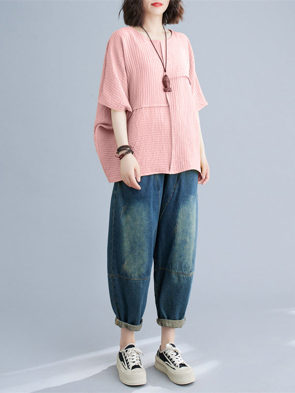 Solid Color Split-Joint Batwing Sleeves Loose Round-neck T-Shirts Tops
