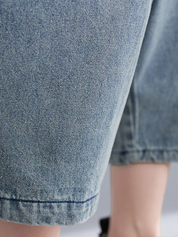 Buttoned Cropped Loose Denim Overalls
