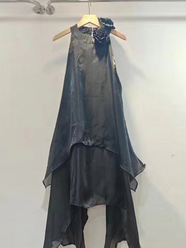 Double Layered Shiny Three-Dimensional Flower High Waisted Loose Halter-Neck Midi Dresses