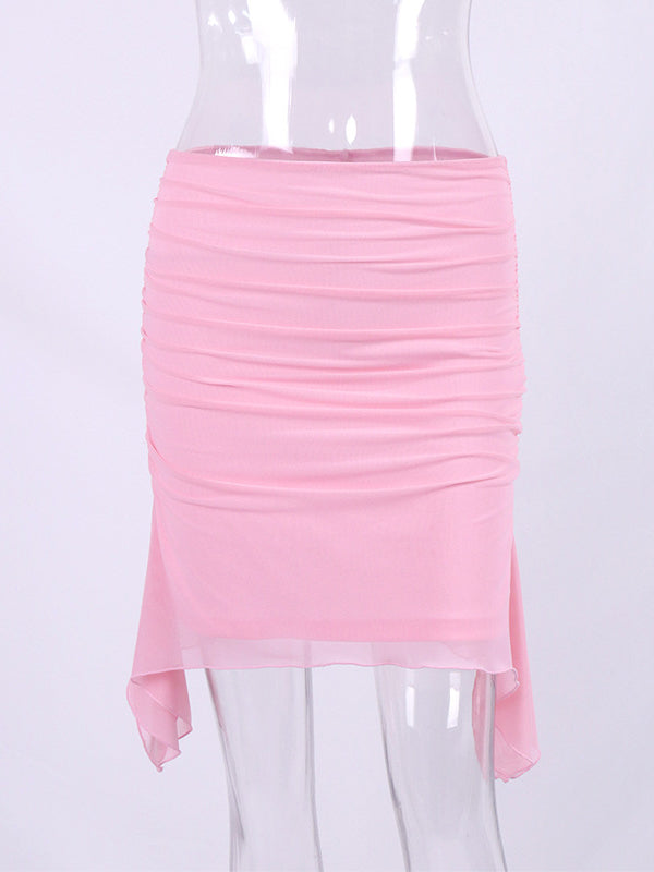 Mesh Pleated Solid Color Split-Joint Bodycon High Waisted Skirts Bottoms
