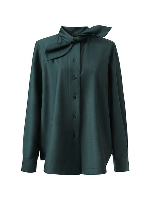 Buttoned Solid Color Long Sleeves Loose Mock Neck Blouses&shirts Tops