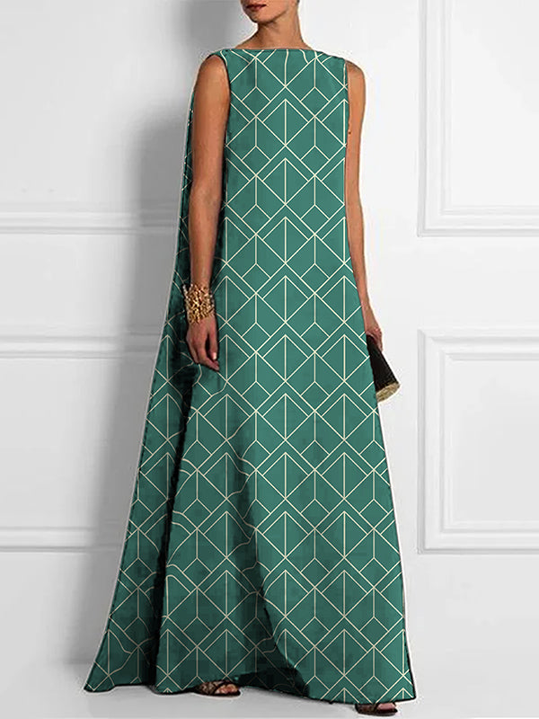 Backless Printed Loose Sleeveless Boat Neck Maxi Dresses