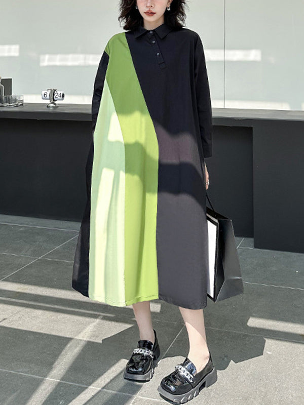 Asymmetric Buttoned Contrast Color Split-Joint Long Sleeves Loose Lapel Shirt Dress Midi Dresses