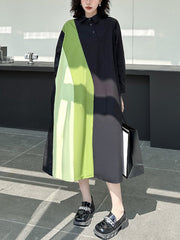 Asymmetric Buttoned Contrast Color Split-Joint Long Sleeves Loose Lapel Shirt Dress Midi Dresses