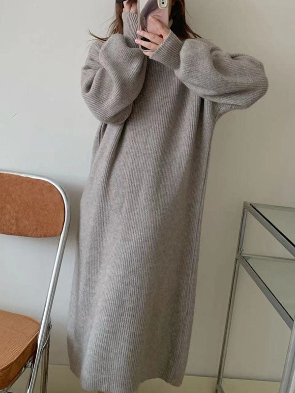 Solid Color Long Sleeves Loose High Neck Sweater Dresses Midi Dresses
