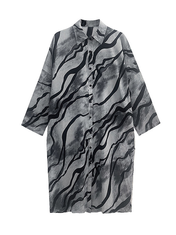 Original Creation Long Sleeves Buttoned Printed Lapel Midi Dresses