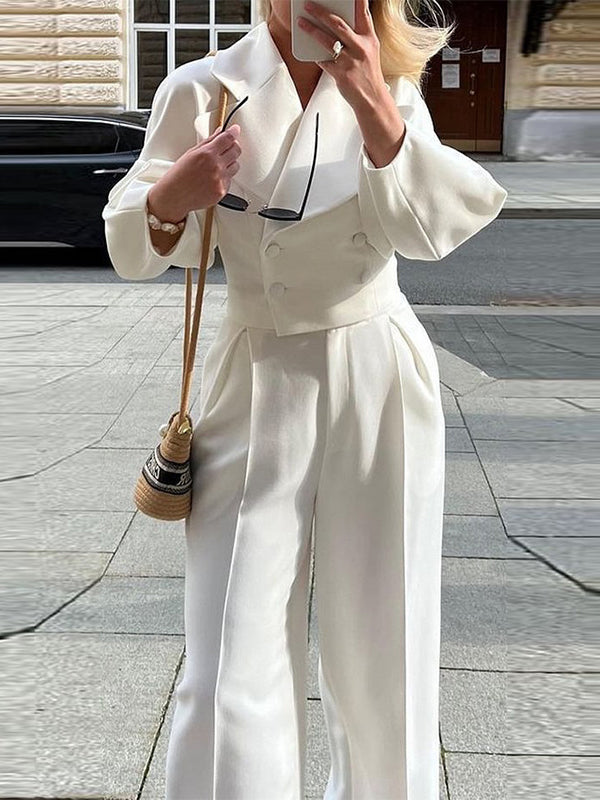 Buttoned Pleated Solid Color High Waisted Long Sleeves Lapel Outwear + Pants Two Pieces Set