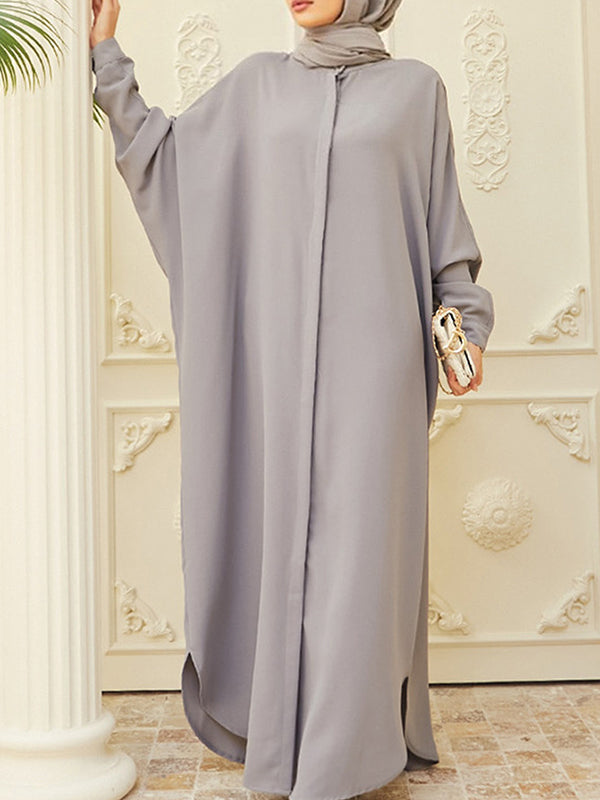 Buttoned Muslim Solid Color Split-Side Batwing Sleeves Loose Round-Neck Muslim Abaya Maxi Dresses