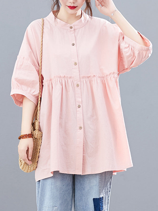 Artistic Retro Loose Half Sleeves Pleated Falbala Split-Joint Solid Color Blouses