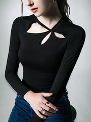 Hollow Solid Color Long Sleeves Skinny Asymmetric Collar T-Shirts Tops