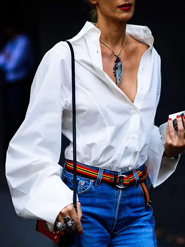 Long Sleeves Loose Buttoned Solid Color Lapel Collar Blouses&Shirts Tops