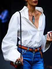 Long Sleeves Loose Buttoned Solid Color Lapel Collar Blouses&Shirts Tops