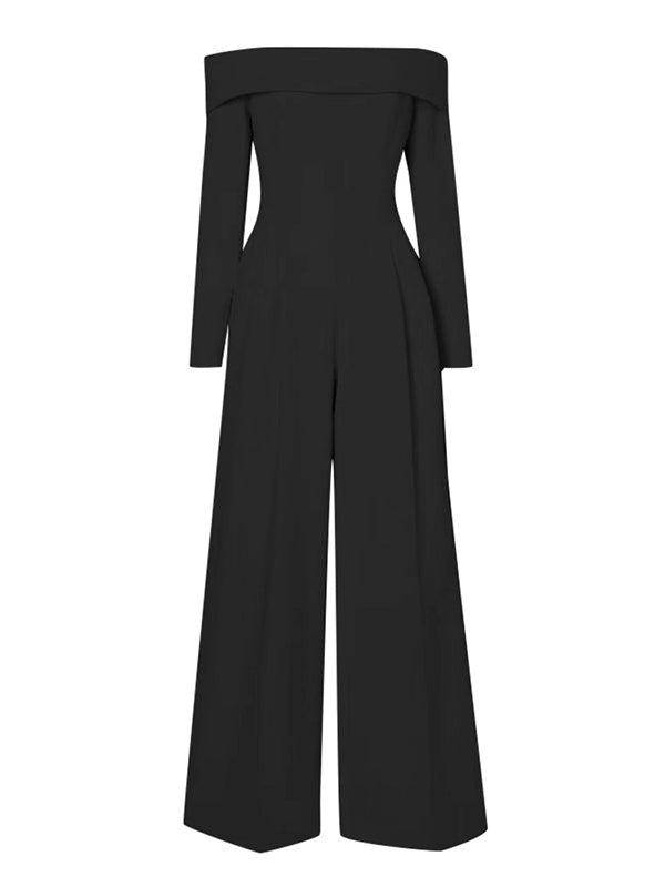 Pleated Solid Color Split-Joint Tied High Waisted Long Sleeves Off-The-Shoulder Jumpsuits