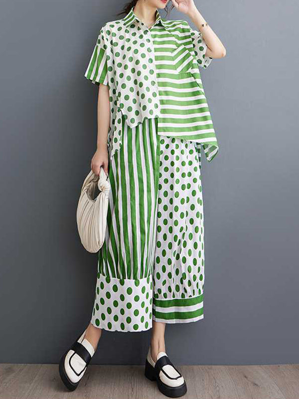 High-Low Asymmetric Half Sleeves Contrast Color Polka-Dot Split-Side Striped Lapel Blouses Top + Pants Bottom Two Pieces Set